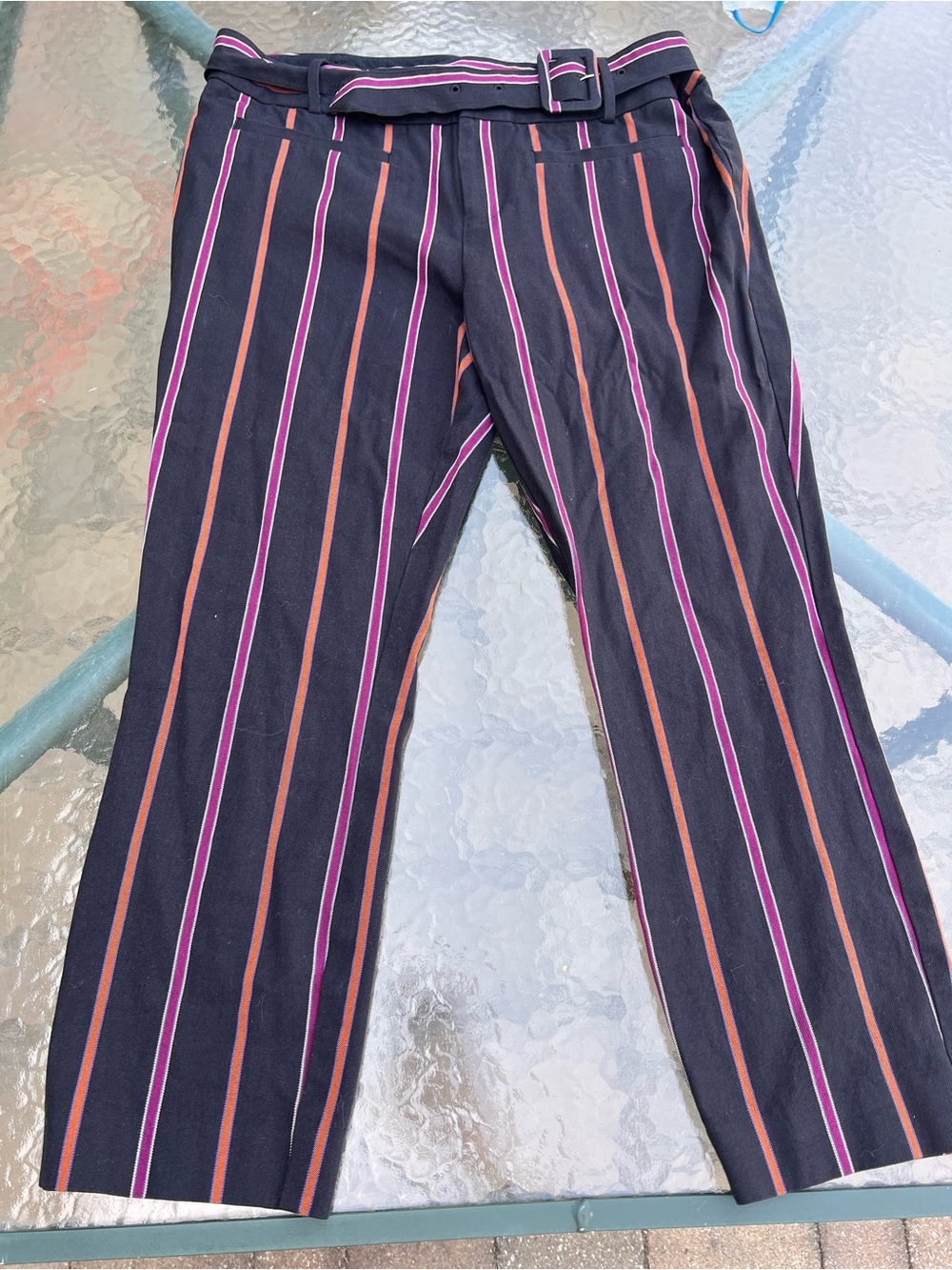 Anthropologie The Essential Slim Striped Belted Ankle Slim Pants